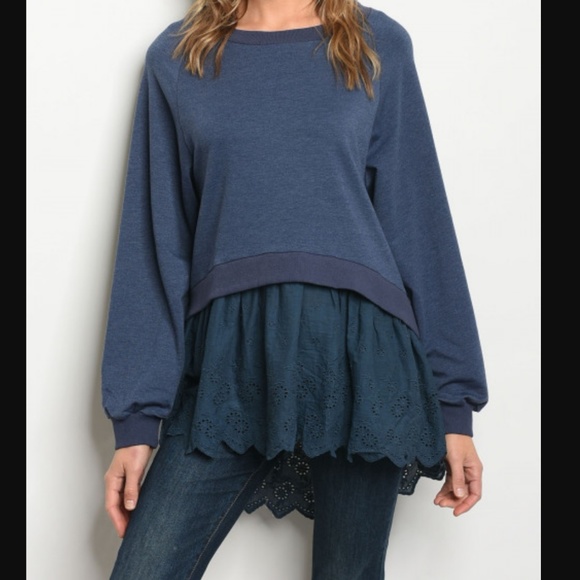 SummerChance Tops - NINETY NINE Navy Long Sleeve Eyelet Trim Tunic Top